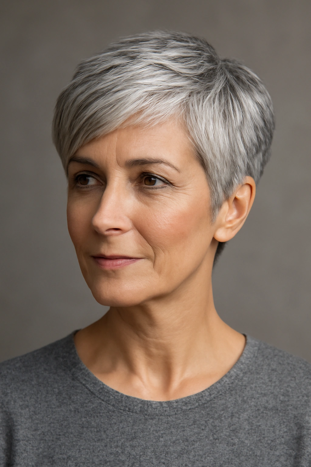 20 Pixie Cuts Sorted By Age And Face Shape 17 Portrait of a person with a silver pixie crop showing luminous gray hair texture
