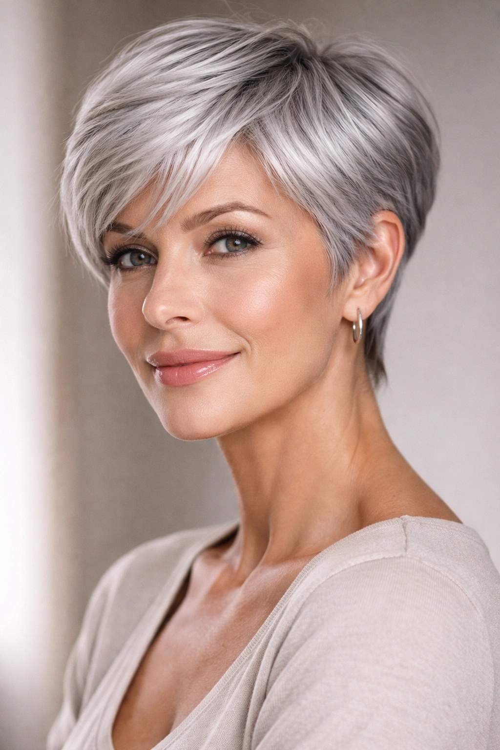 15 Pixie Hairstyles That Shine On Women Over 40 7 Close-up of a woman with a silver pixie cut showing cool gray tones and texture