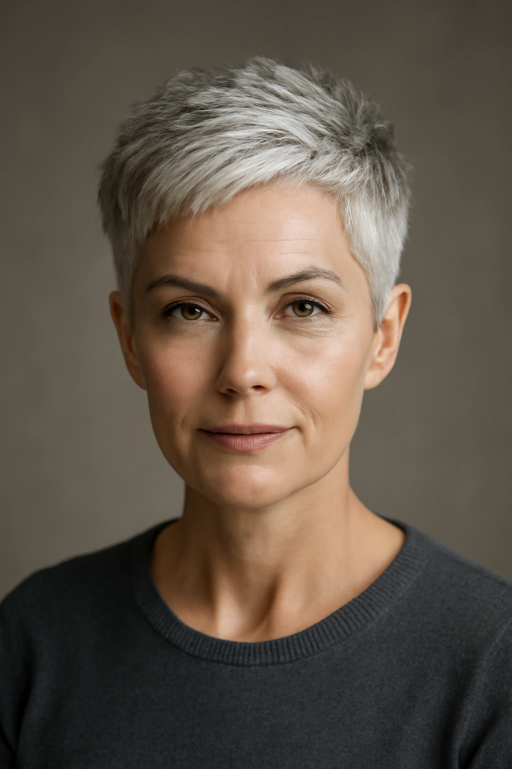 10 Short Haircuts for Women Embracing Their Gray Hair 1 Close-up of a person with a silver pixie cut, highlighting short sides and a textured crown
