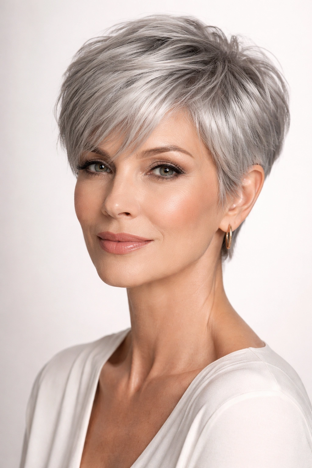 Close-up of silver pixie cut showing dimensional texture.
