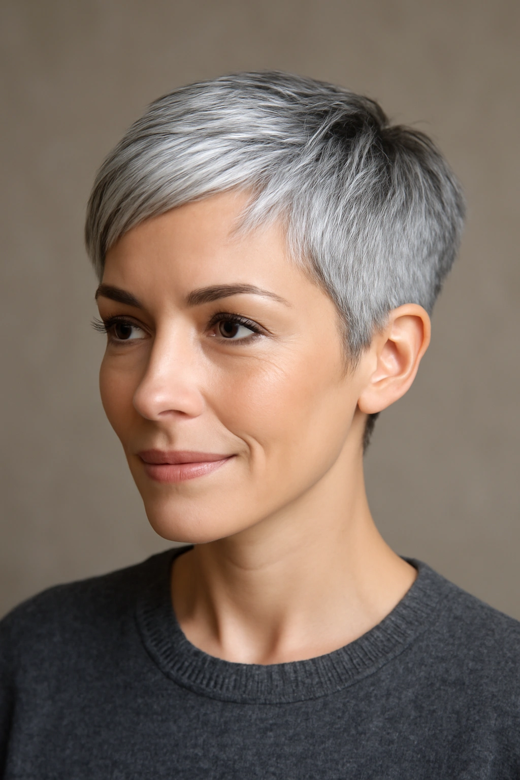 15 Short Pixie Cuts That Glow Up Your Look After 30 12 Portrait of a woman with a silver pixie and cool-toned hair