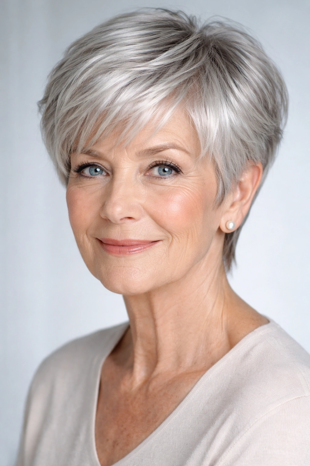 Portrait of a mature woman with a silver pixie and subtle highlights