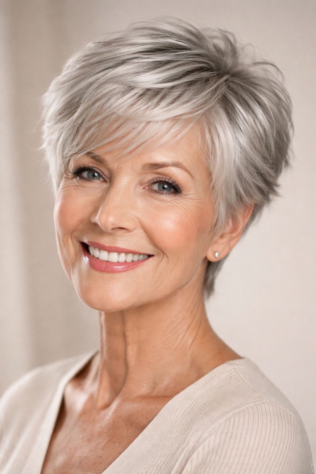 Close-up of a woman with a silver pixie cut and strategic highlights.