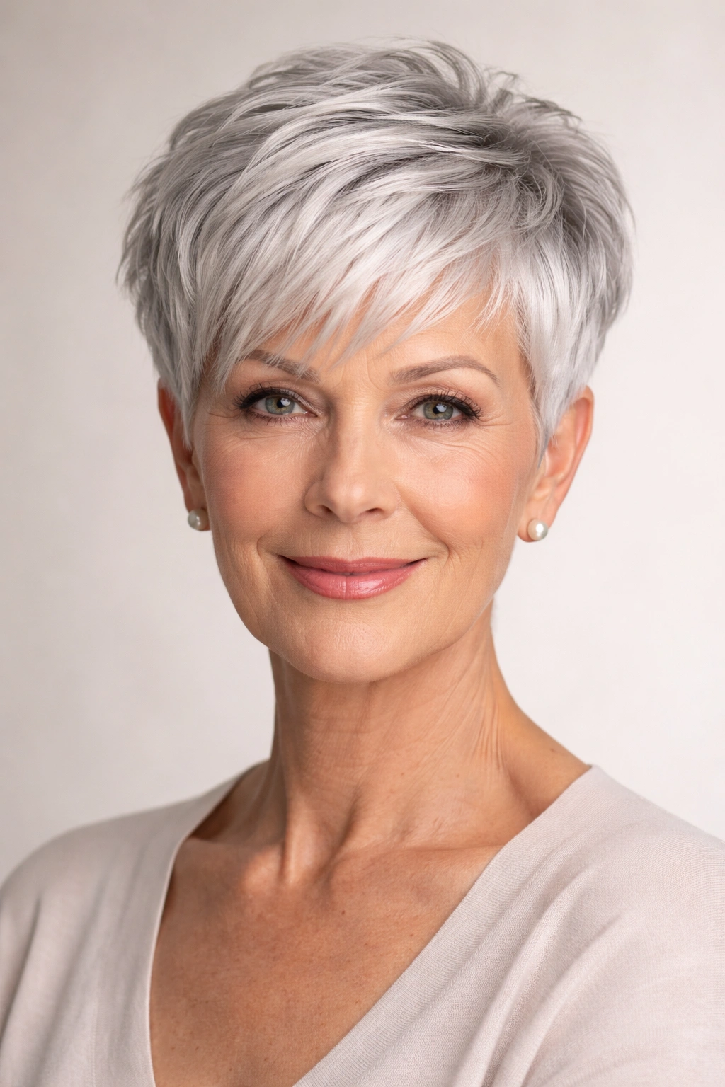 Portrait of a person with a silver short crop highlighting color and shape