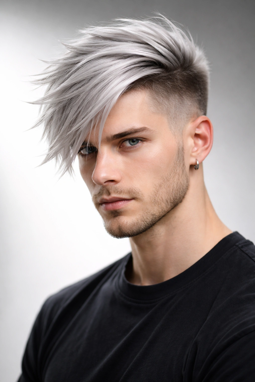 Portrait of a person with a silver side-sweep hairstyle and undercut
