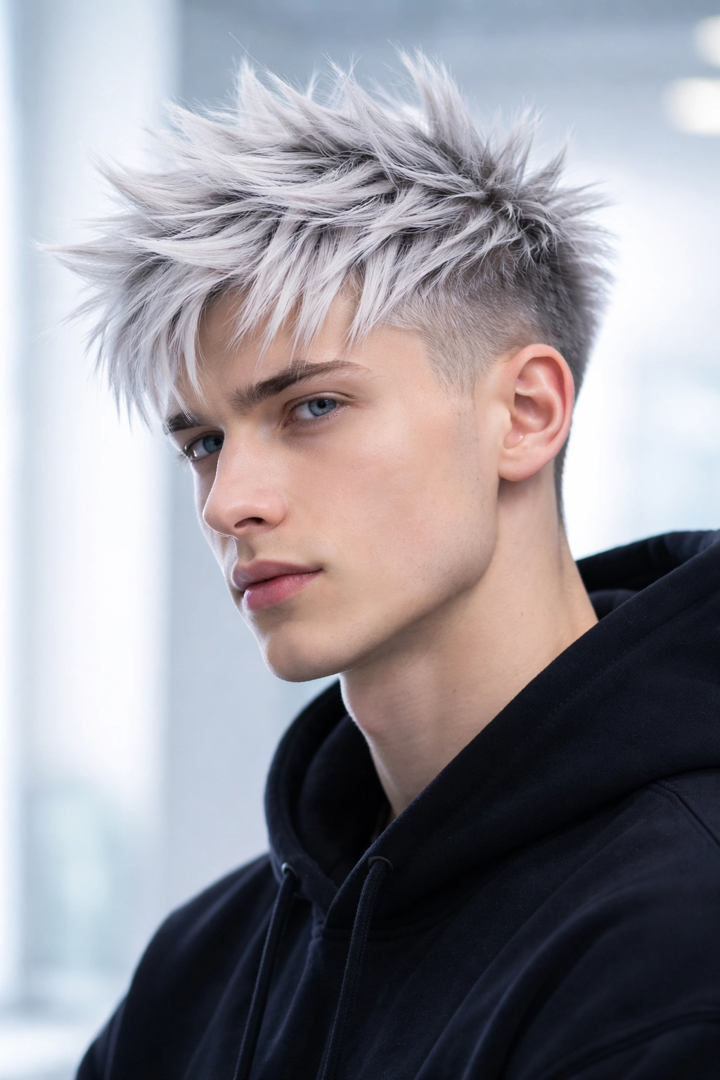 Portrait of a person with icy silver-white spikes on top and short sides
