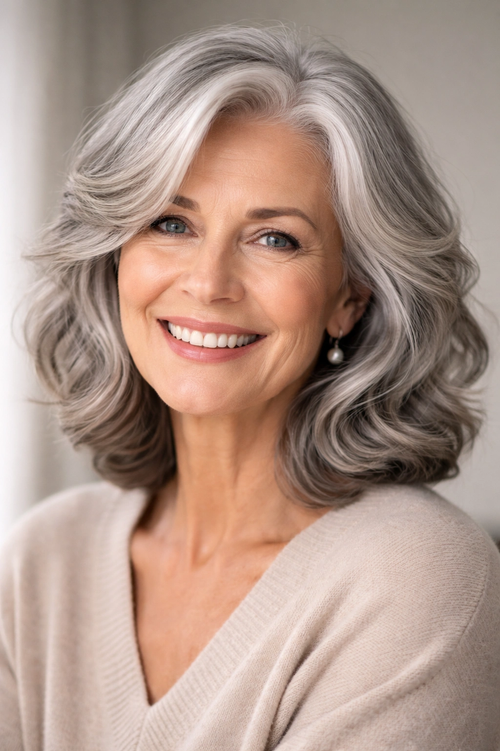 Close-up of silver-gray waves with chin-length hair.