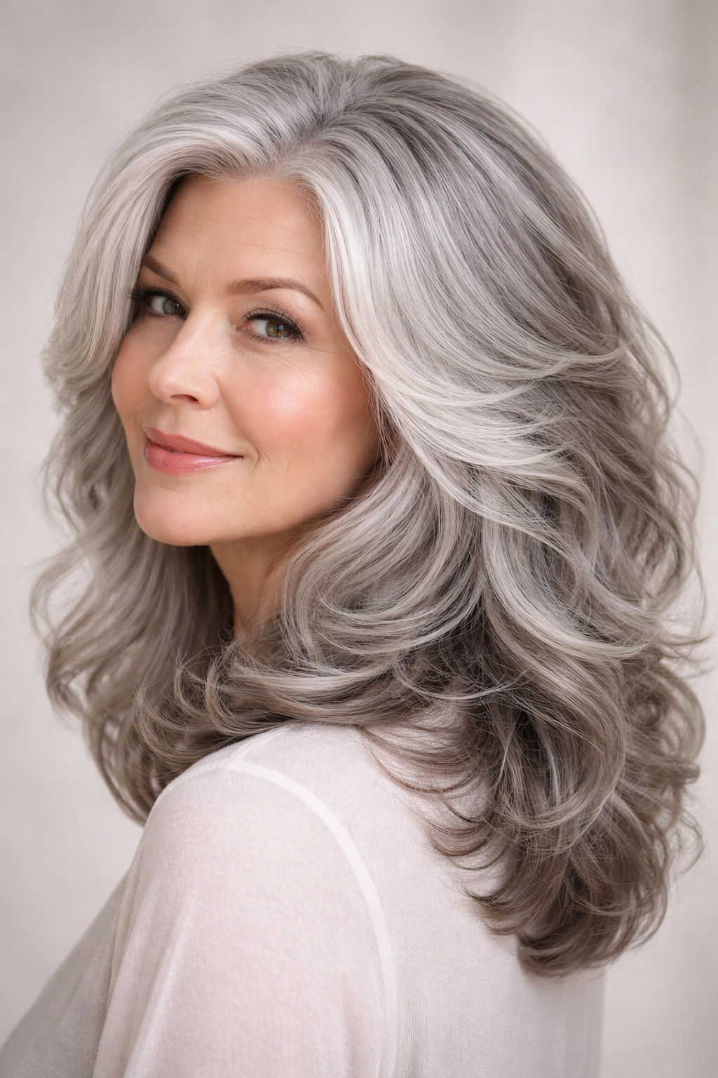 Portrait of a woman with voluminous silver waves and gentle layers