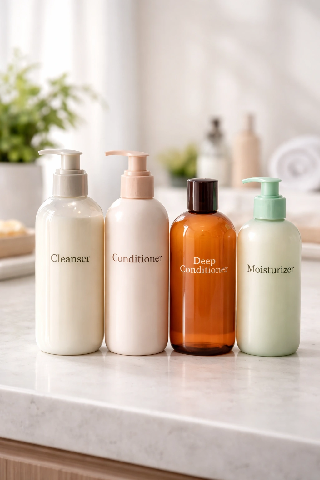 Four hair-care bottles lined up on a clean vanity