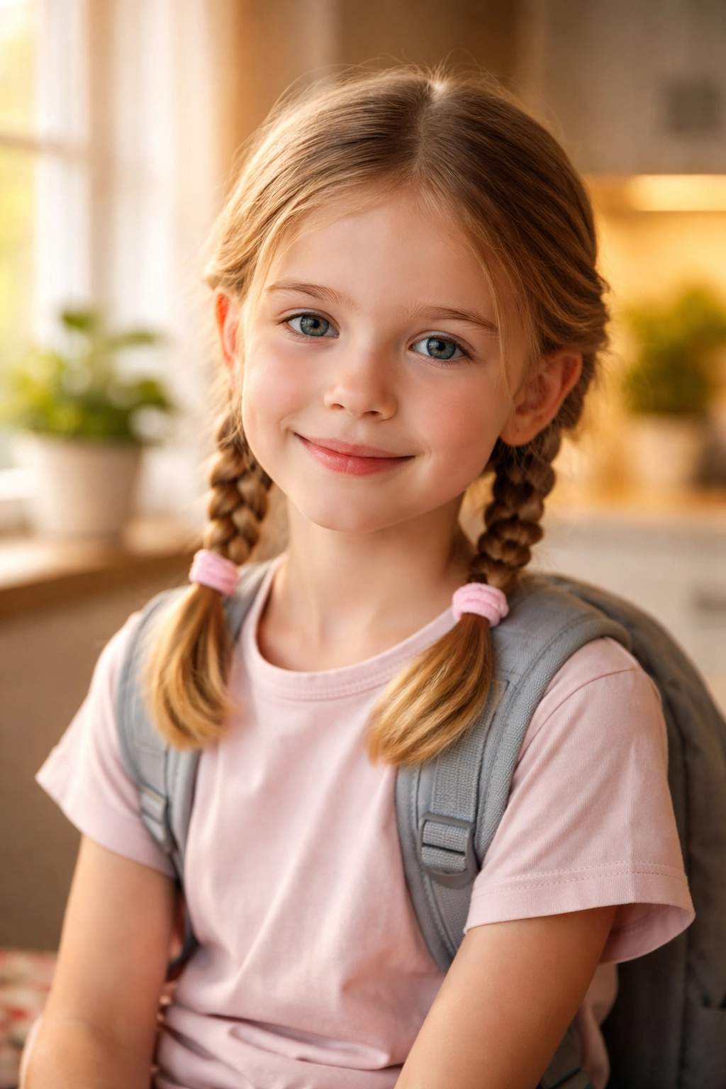 Calm child with simple school hairstyle in warm light