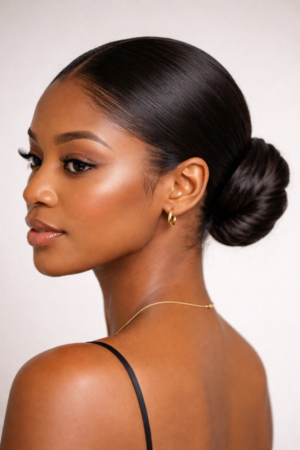 Minimalist single-twisted low bun on Black woman.