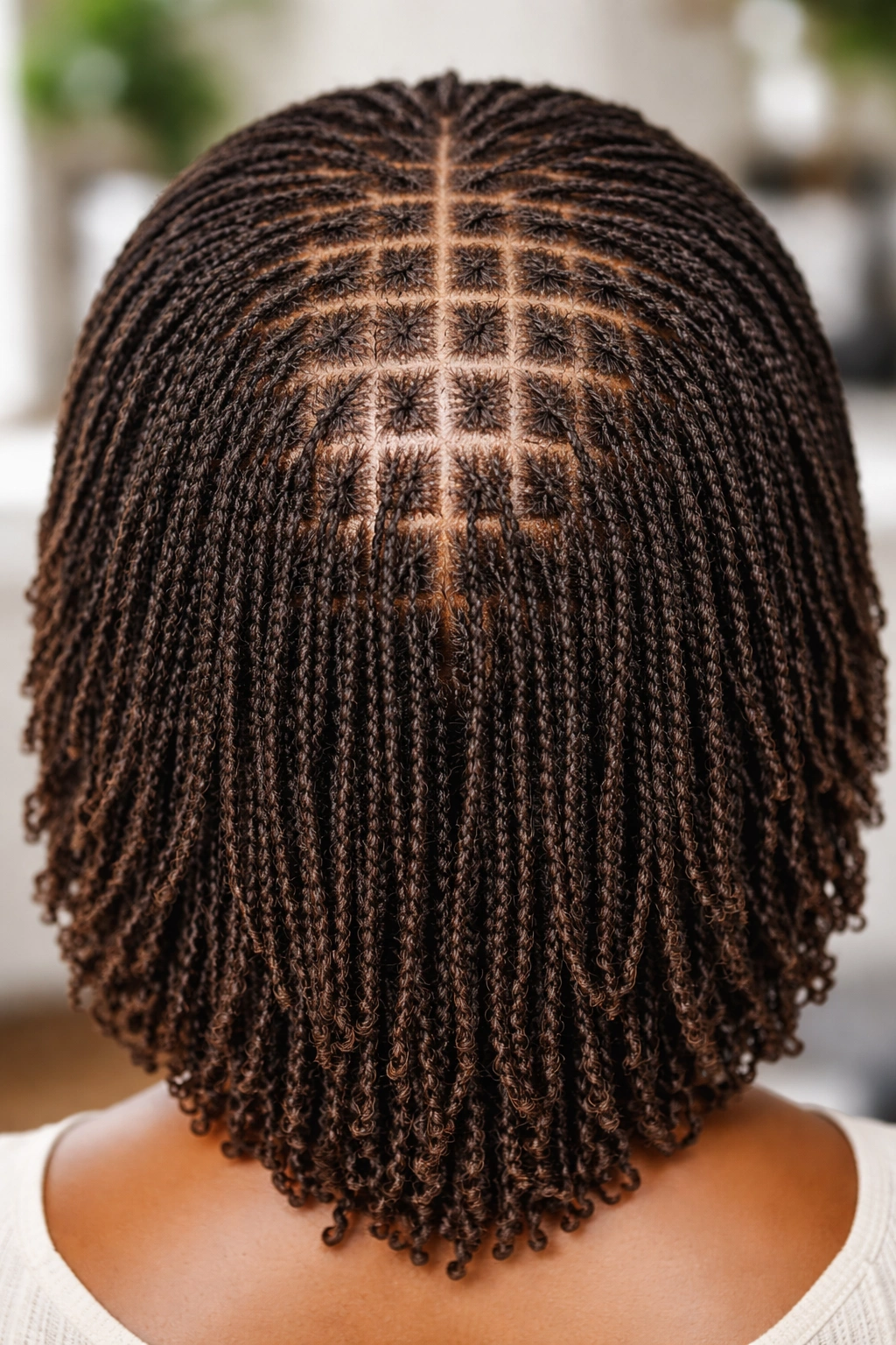 Close-up of uniform tiny sisterlocks in a precise grid.