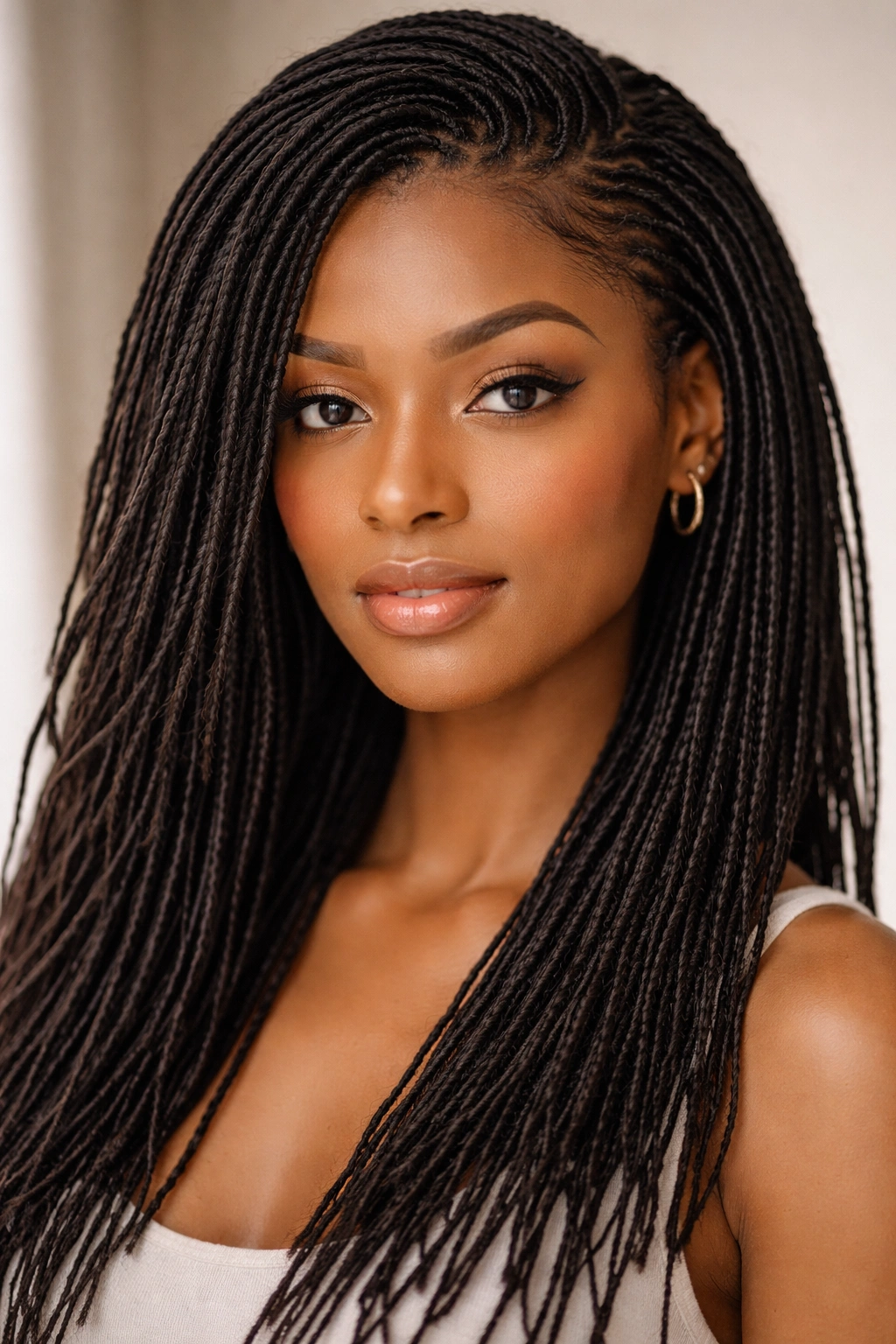Close-up of ultra-fine sisterlocks in a uniform pattern under soft studio lighting