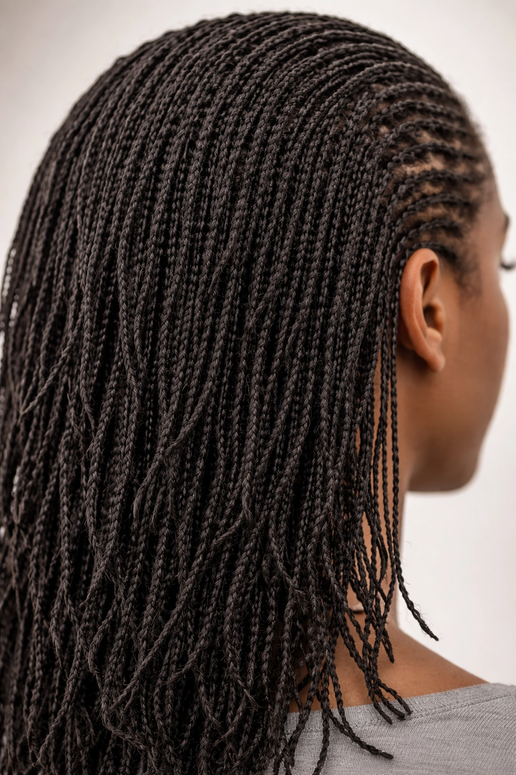 Close-up of hundreds of tiny uniform sisterlocks across the scalp.