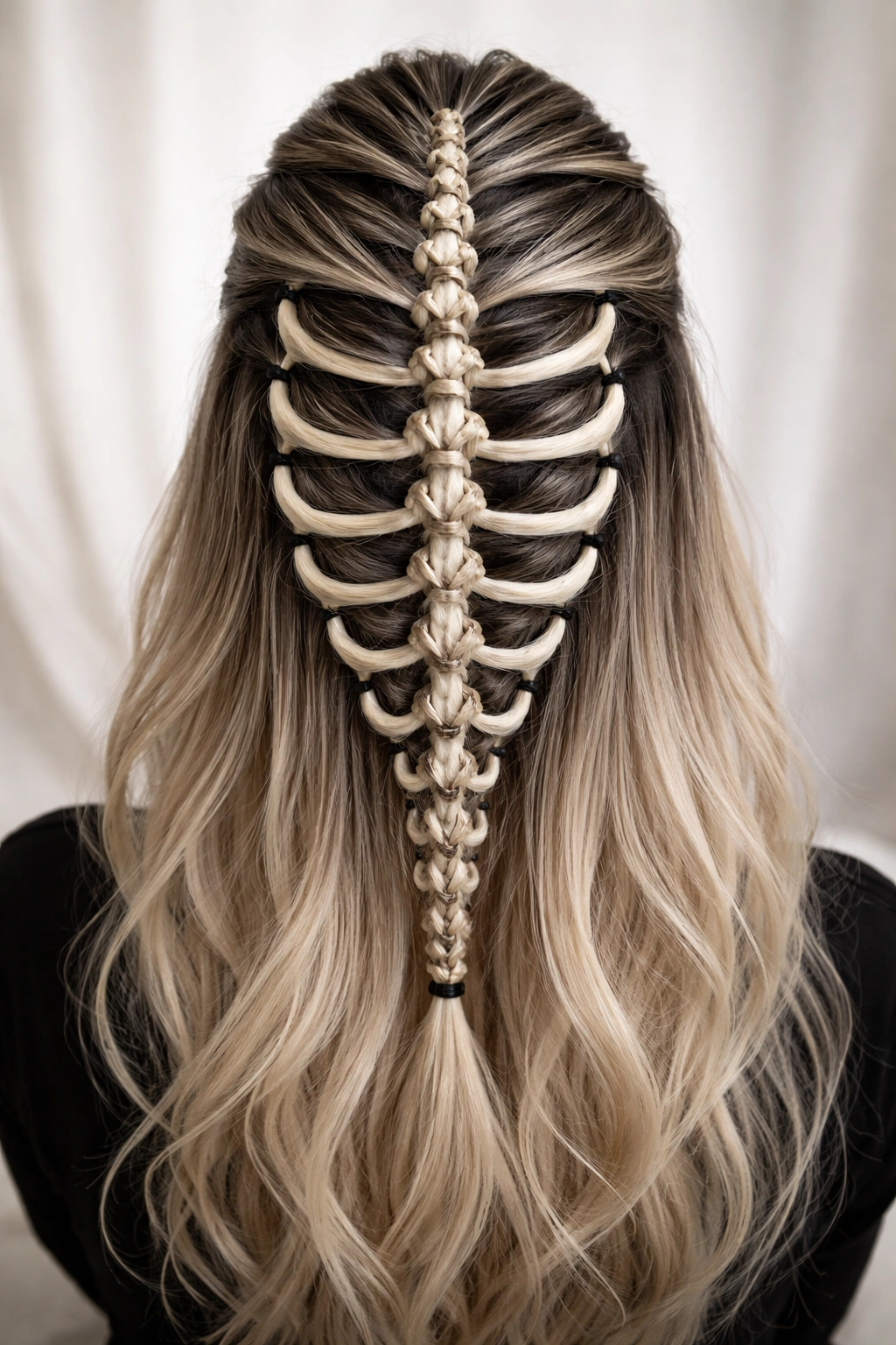 Center braid with outward rib-like loops forming skeleton pattern.