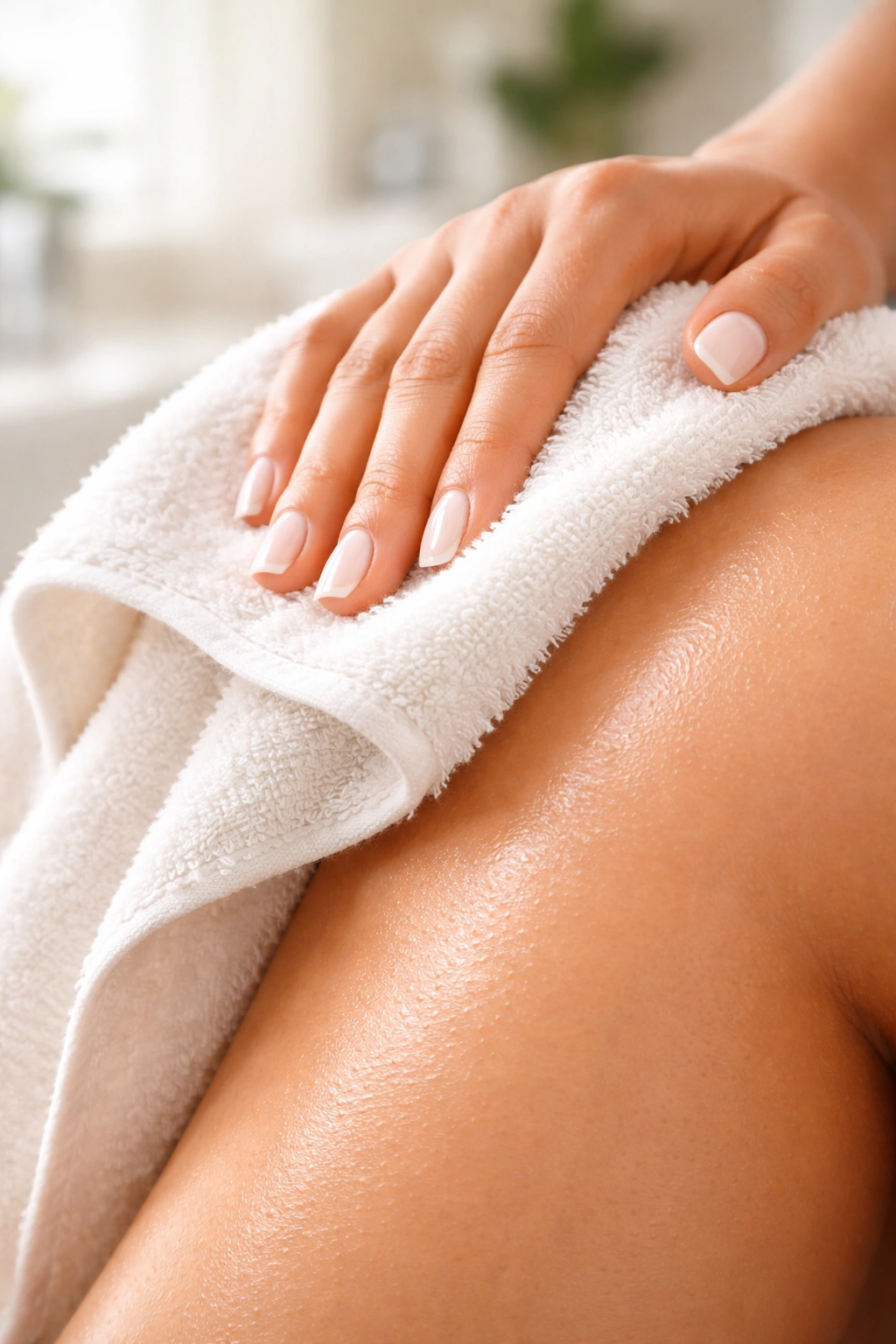 Hand patting dry treated skin with a soft towel after waxing