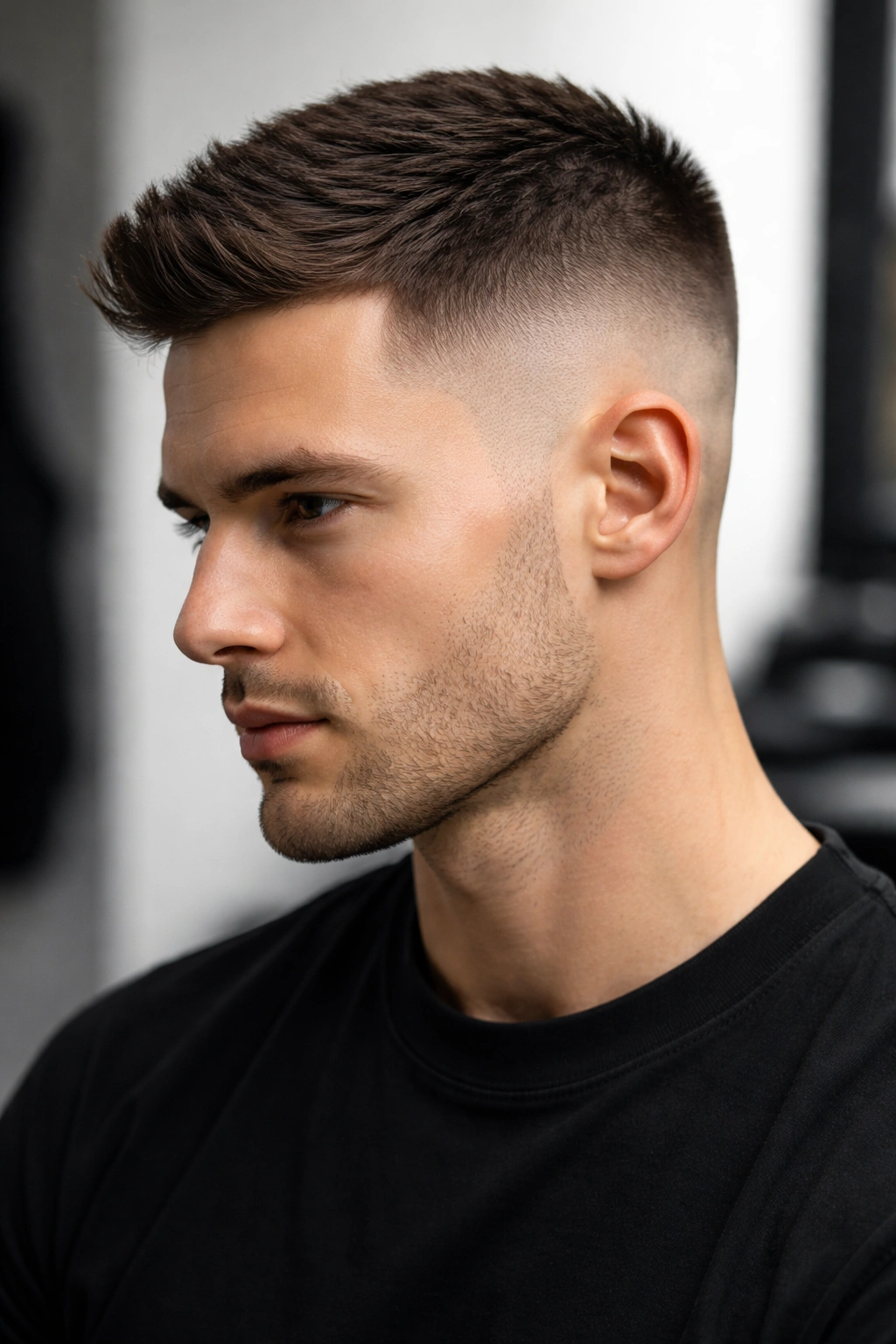 Profile view of skin fade crew cut with dramatic high-contrast sides shaved to skin