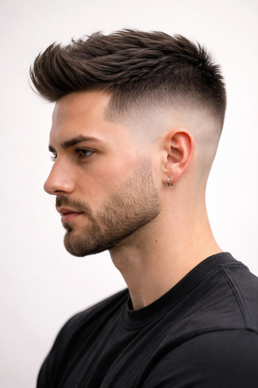 Headshot showing a sharp skin fade with longer top hair