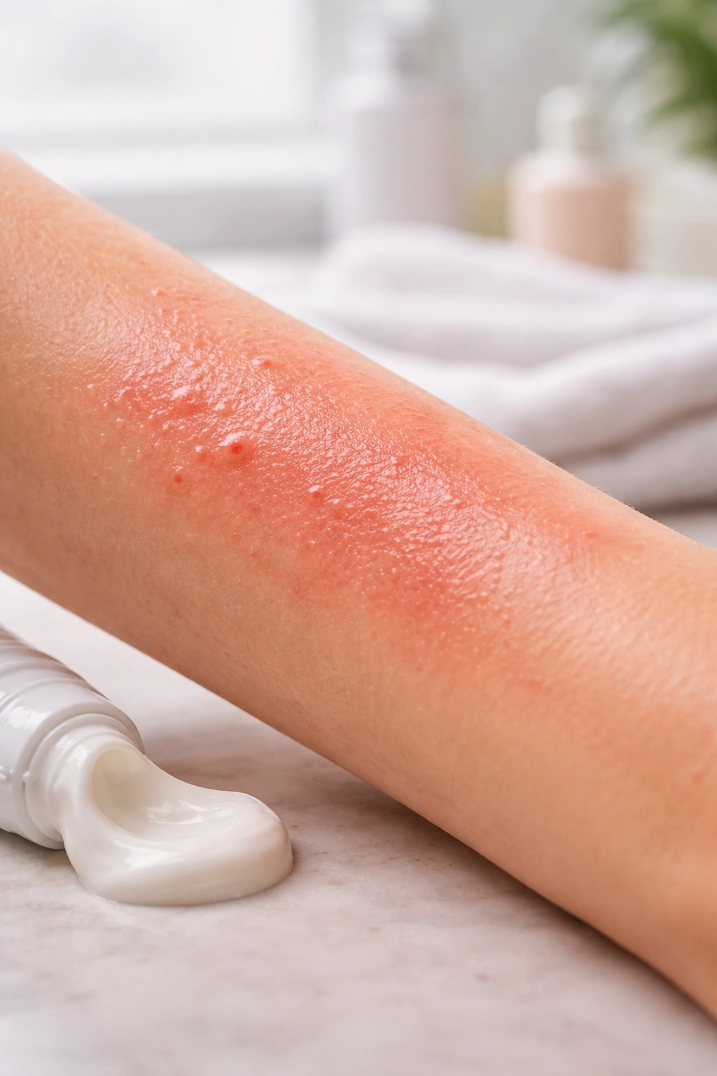 Close-up of irritated forearm skin showing mild redness