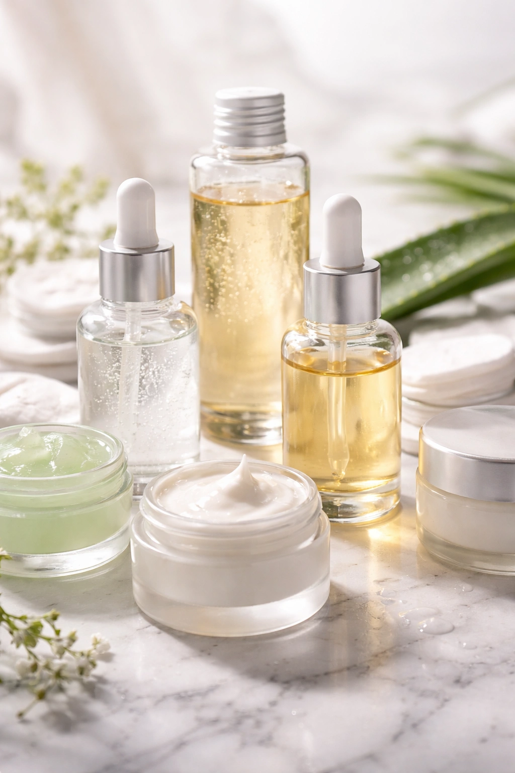 Close-up of skincare bottles and jars with droppers on marble surface representing exfoliants and soothing ingredients