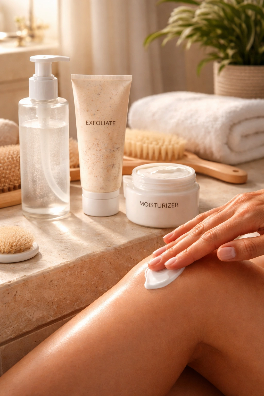 Skincare routine setup emphasizing consistency with exfoliant and moisturizer