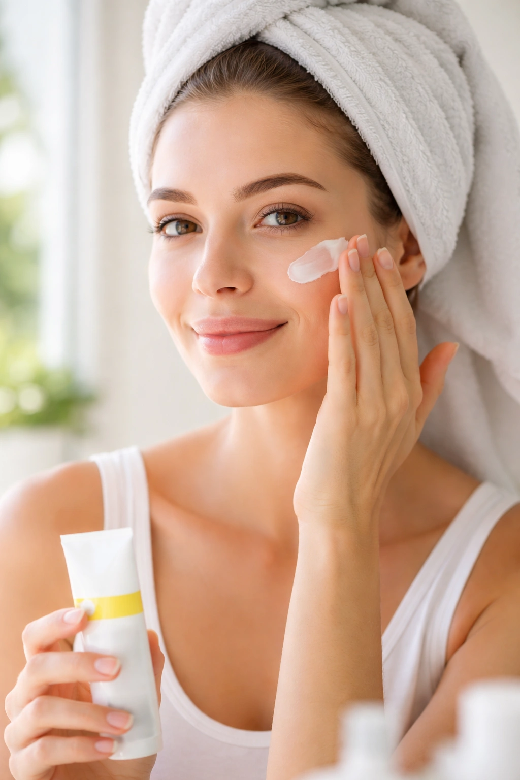 Person applying sunscreen to the face in a bathroom, preparing skin for treatment
