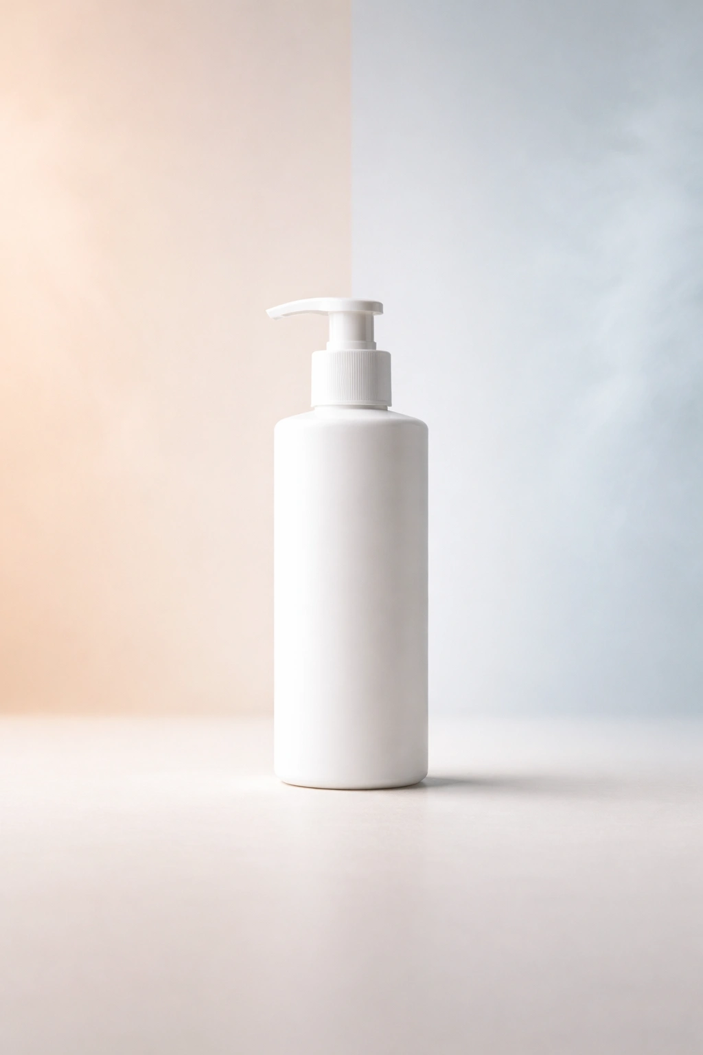 Single hair care bottle with a split-tone background suggesting decision between mask and conditioner