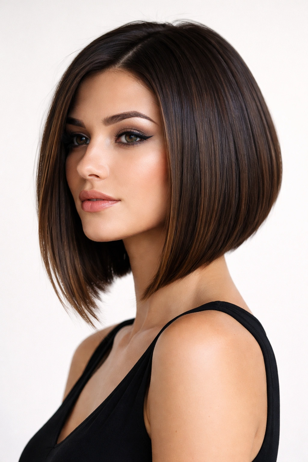 Portrait of a model with a sleek shoulder-length angled bob showing a clean, polished slope.