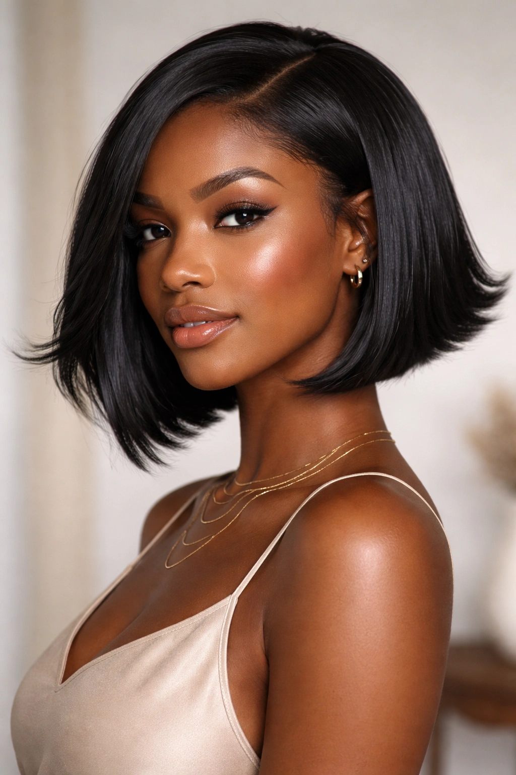 Portrait of a Black woman with a sleek angled bob and flipped ends.