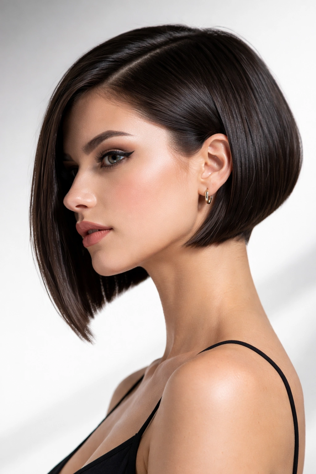 Sleek angled bob with a sharp back-to-front angle and blunt ends.