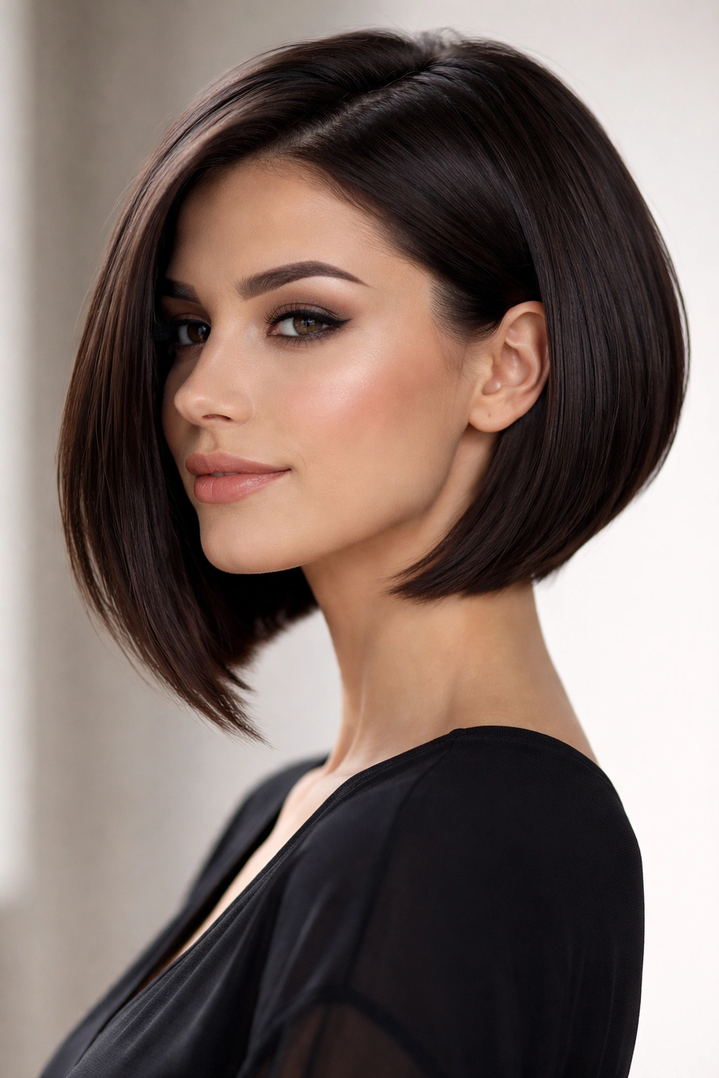 Close-up of The Sleek Angled Bob showing sharp diagonal lines