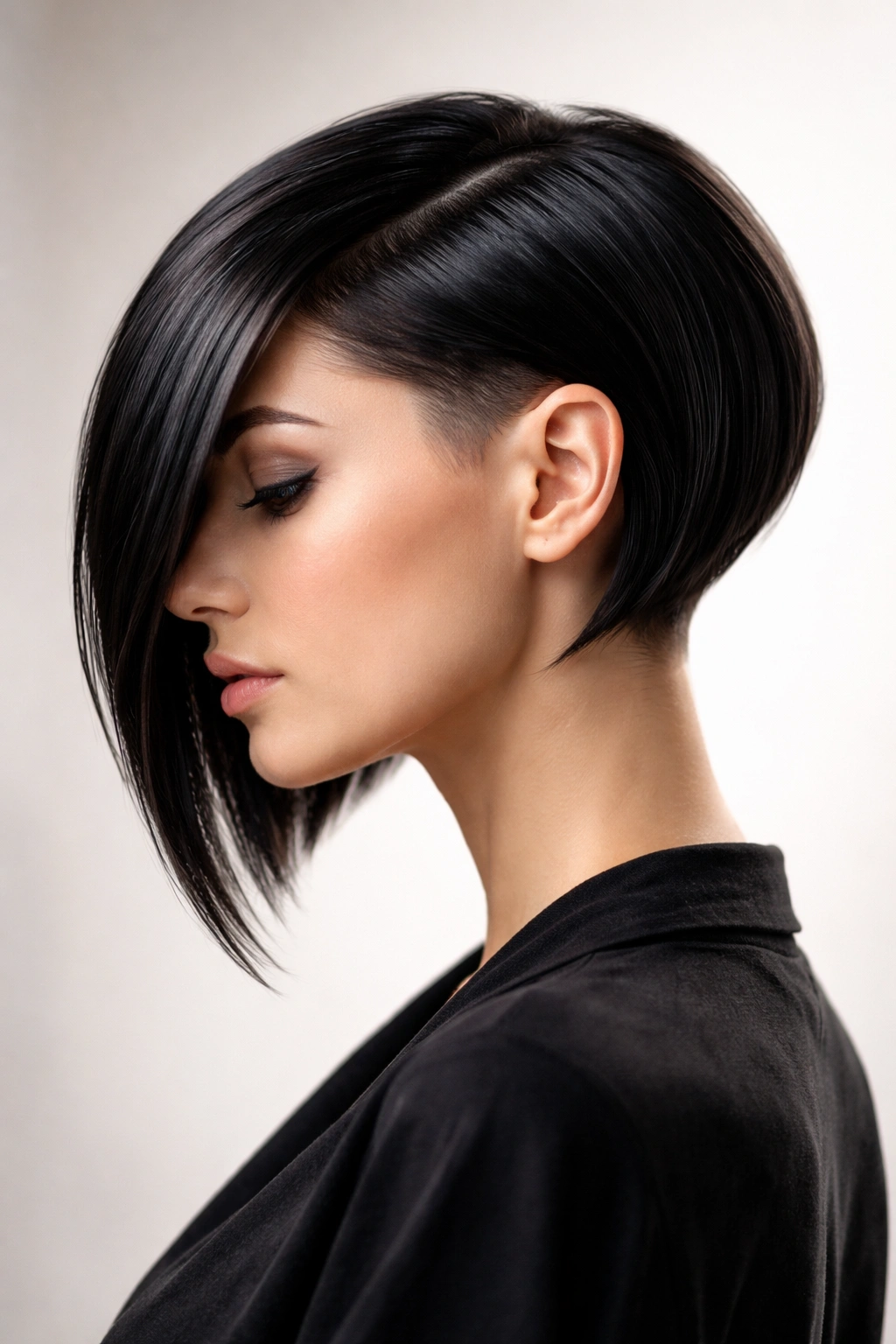 Sleek angled bob showing hidden undercut under longer top layers
