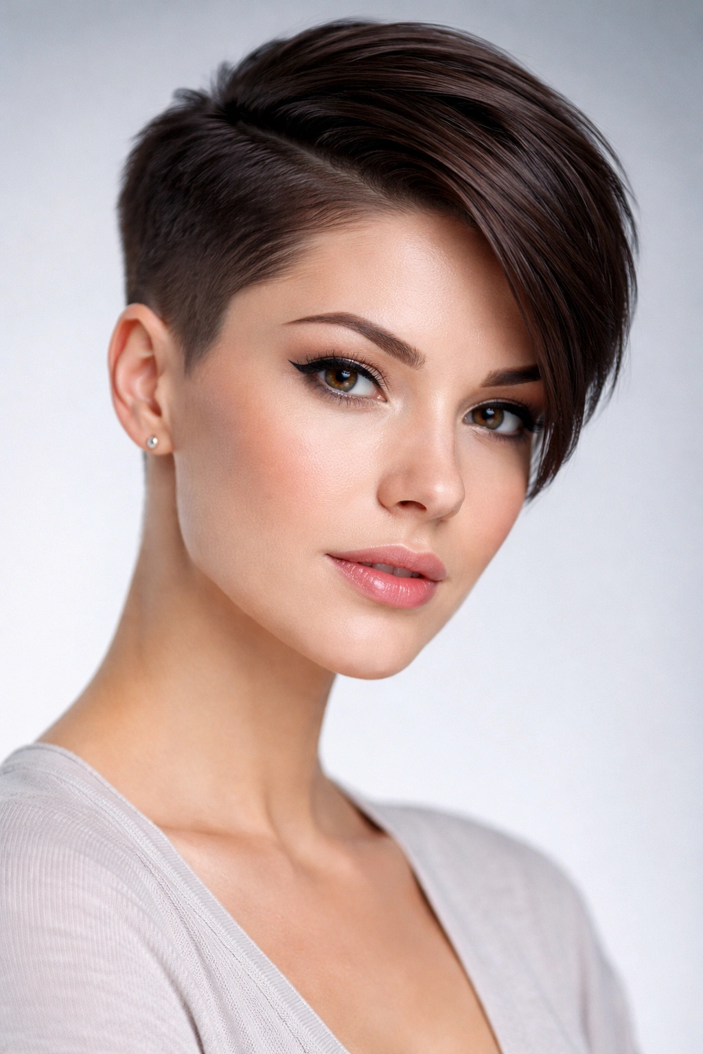 Close-up of sleek angled crop with deep side part and asymmetric silhouette