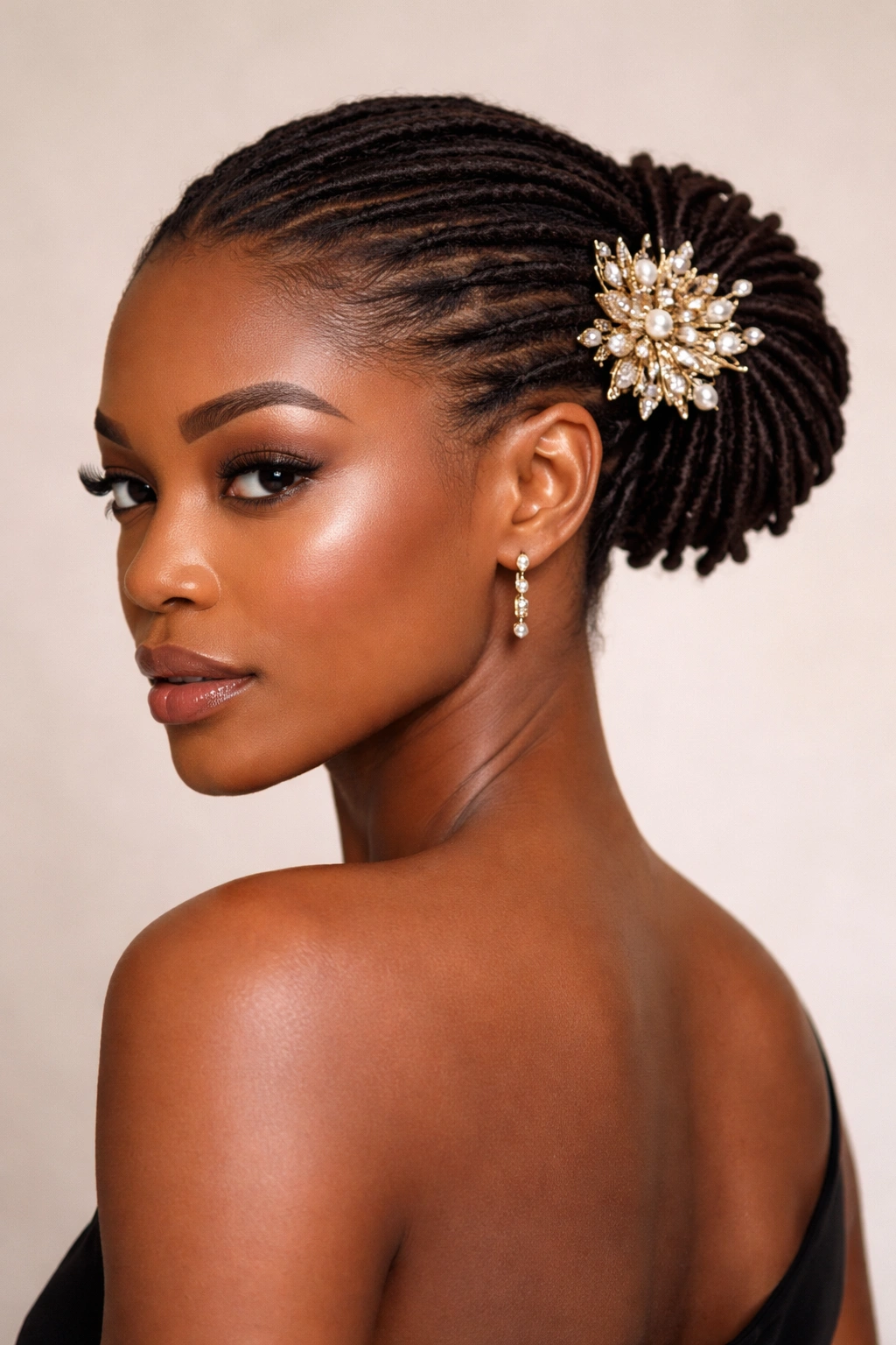 Sleek back hairstyle with a large decorative clip as focal point