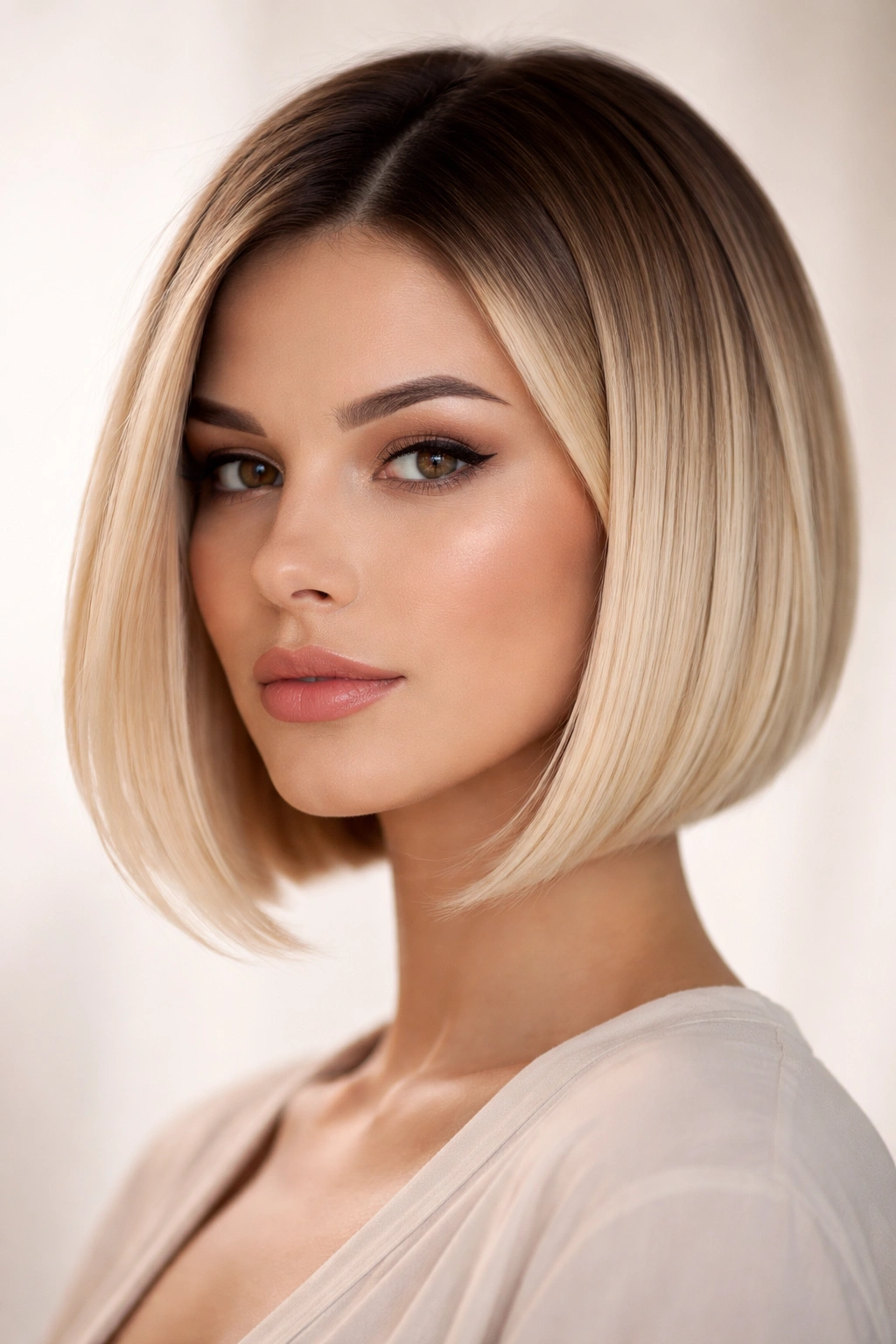 Close-up of a sleek blonde bob with dark rooted ombre