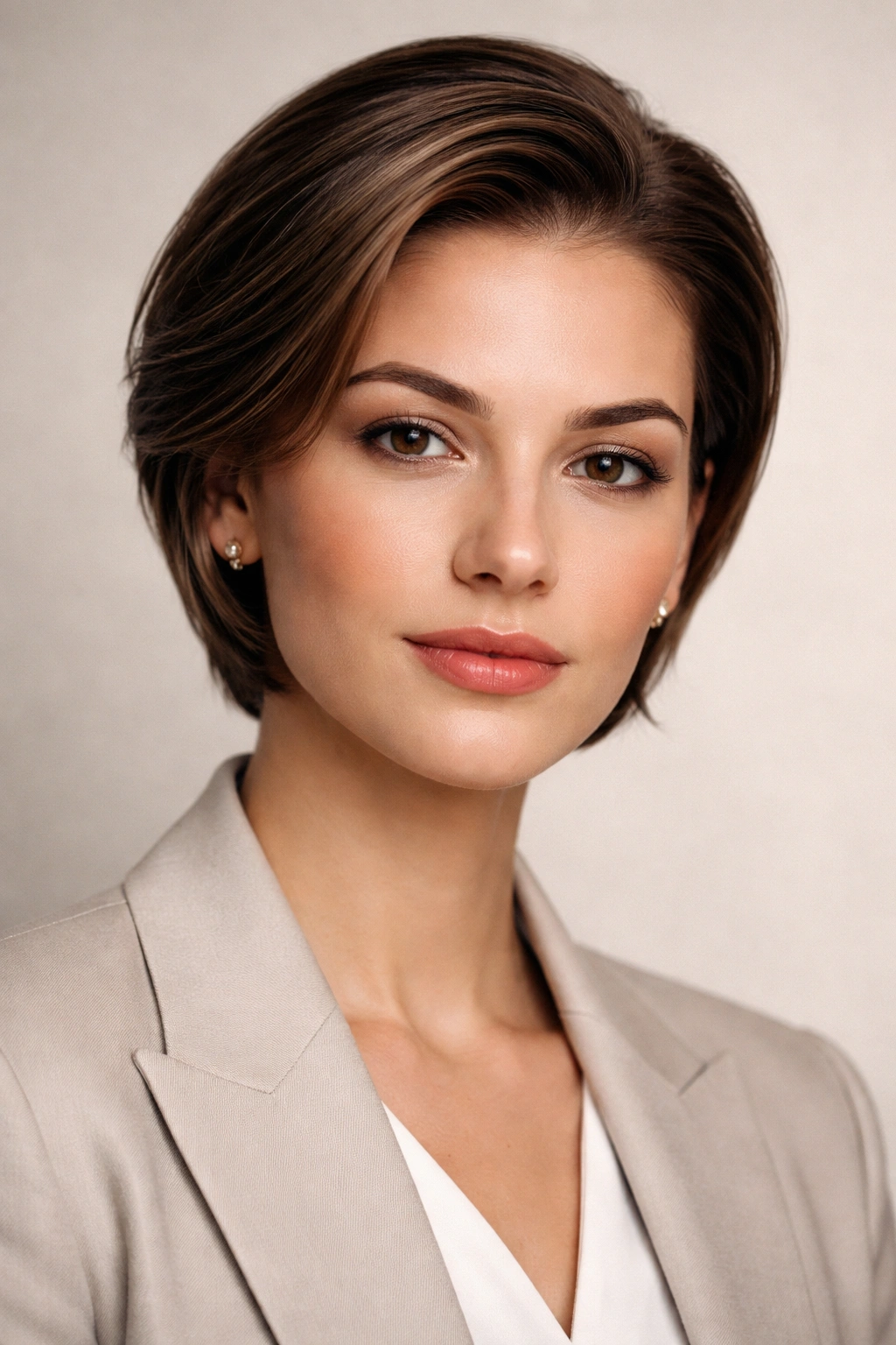 Close-up of a person with a sleek, shiny blowout on short hair, hair smoothed away from the face