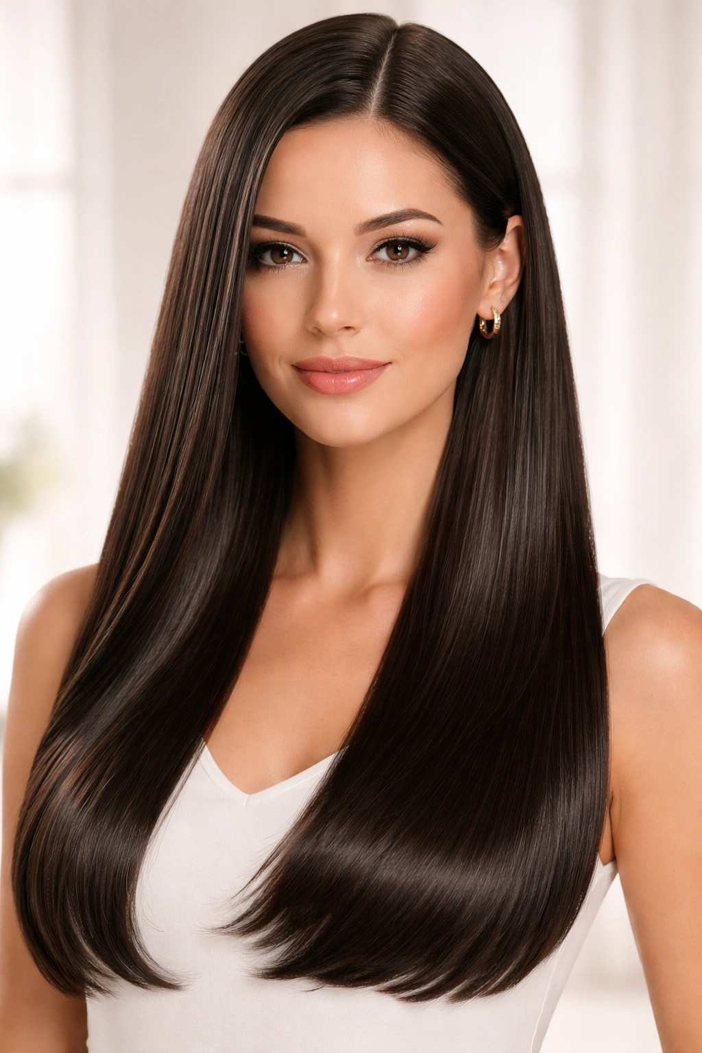 Sleek straight blow-out with glossy, mirror-like shine