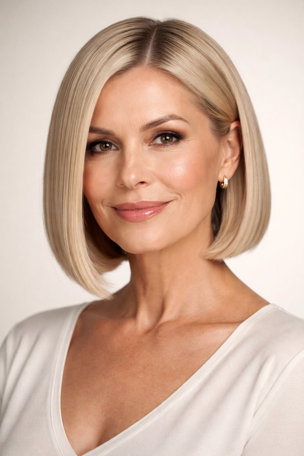 Close-up of a woman with chin-length sleek blunt bob, glossy hair