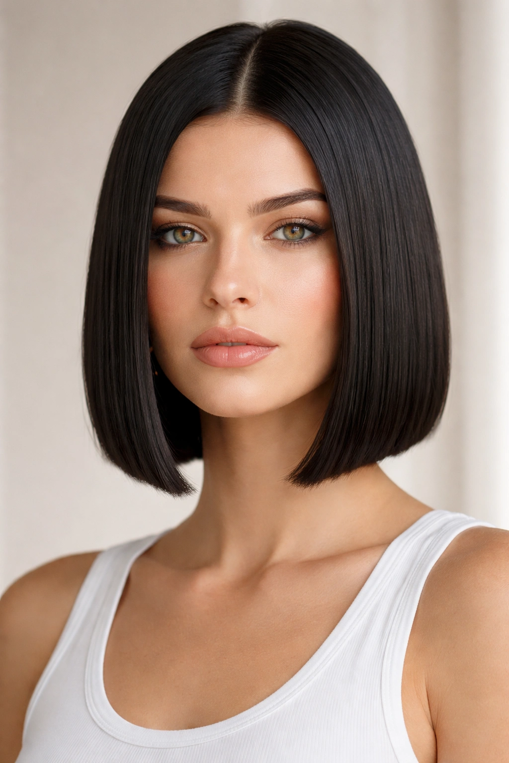 Close-up of a person with a sleek blunt bob showing a sharp chin-length edge