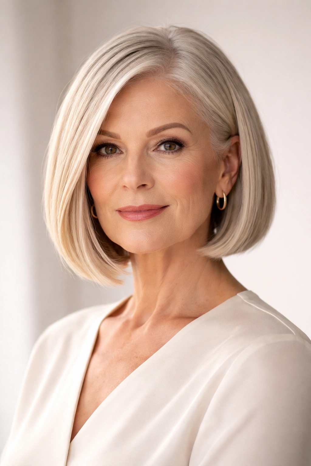 15 Gorgeous Hairstyles For Women Over 65 5 Chin-length sleek blunt-edged bob with glossy finish.