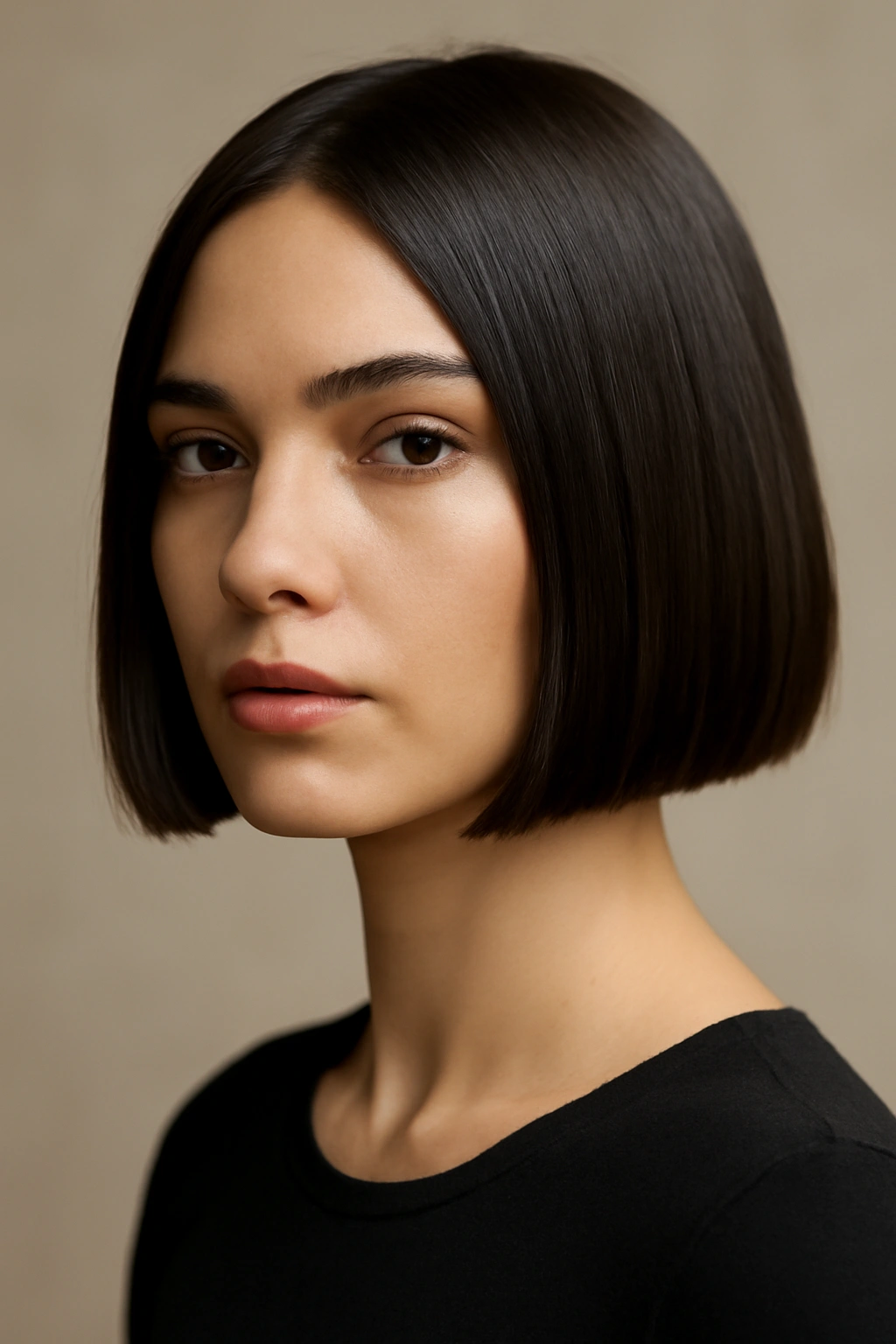 25 Hairstyles For Women Sorted By Length 3 Head-and-shoulders portrait of a person with a sleek blunt bob.