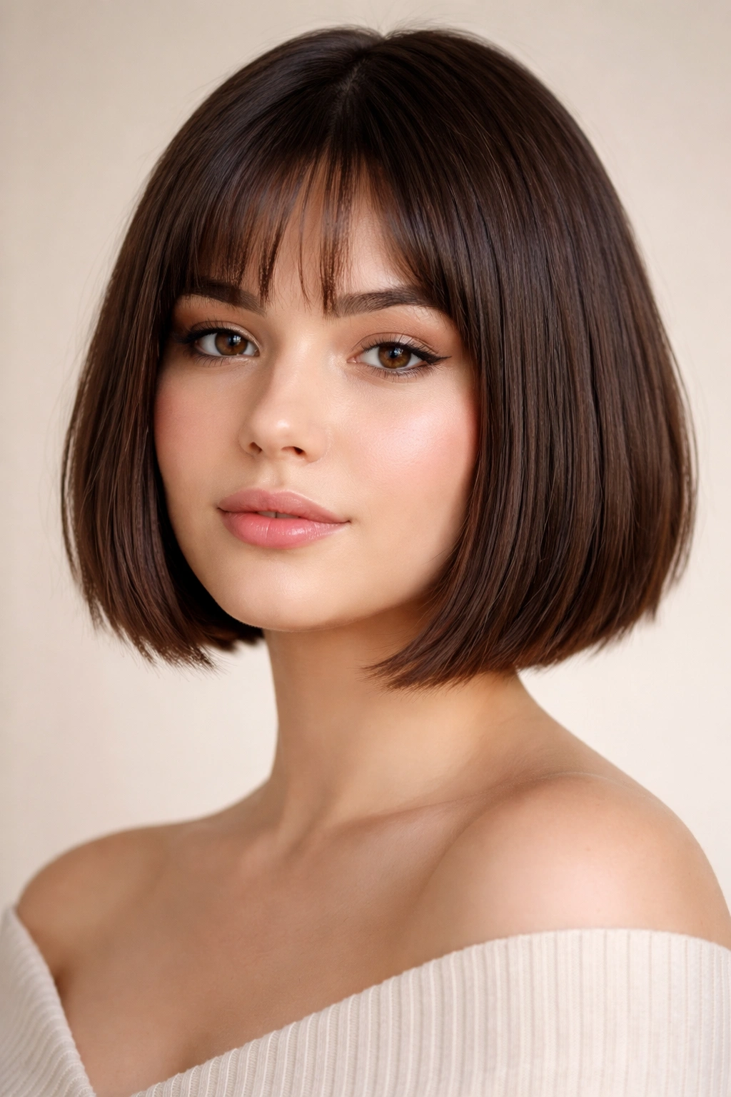 10 Haircuts For A Round Face And Double Chin 7 Close-up of a model's jaw-length Sleek Blunt Bob with Textured Ends.