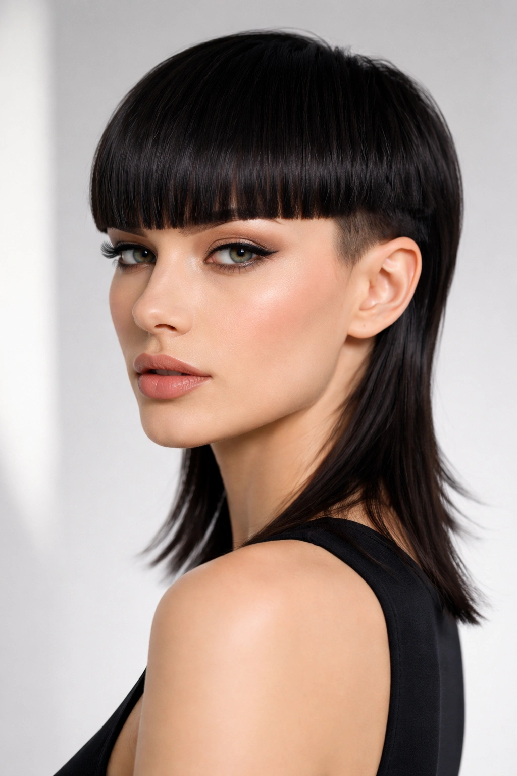 Portrait of a woman with a sleek blunt mullet and a very short back