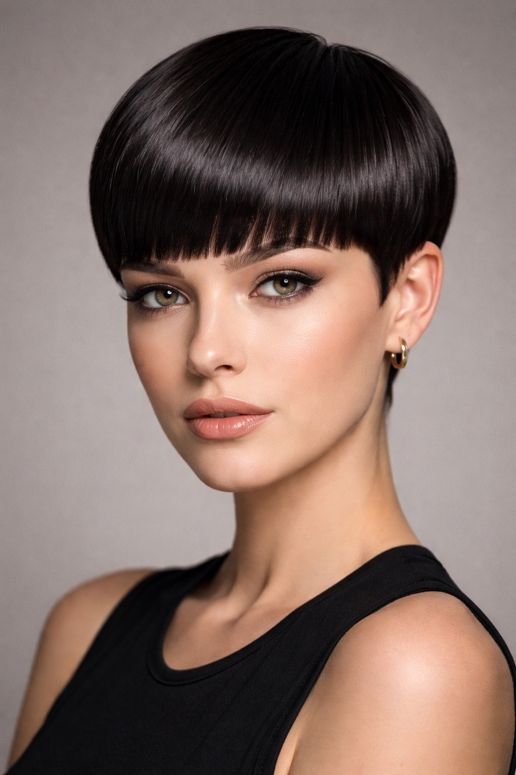 Close-up portrait of a person with a sleek blunt pixie and uniform length.