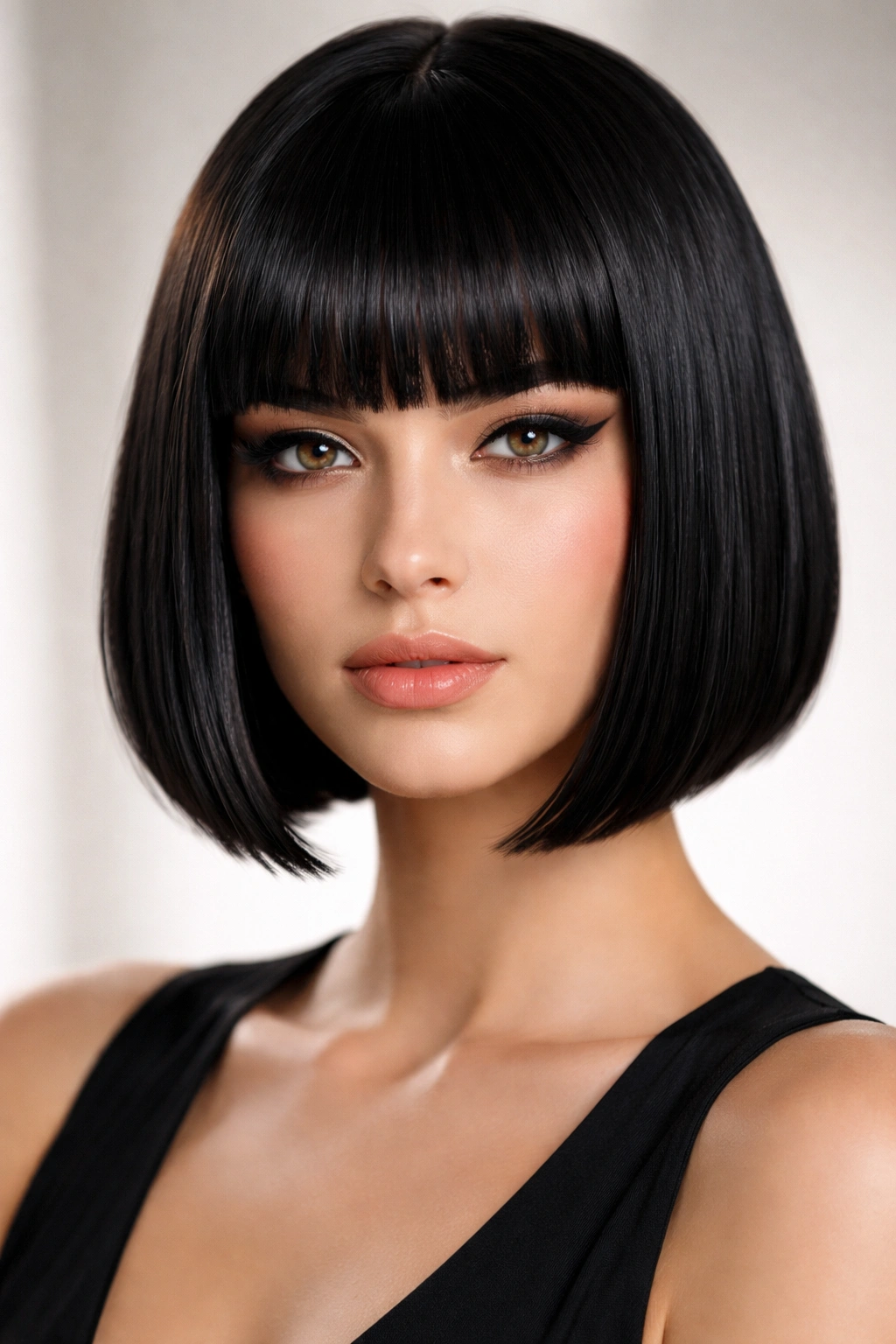 10 Short Haircuts With Thick Blunt Bangs To Try 6 Chin-length sleek black bob with blunt bangs