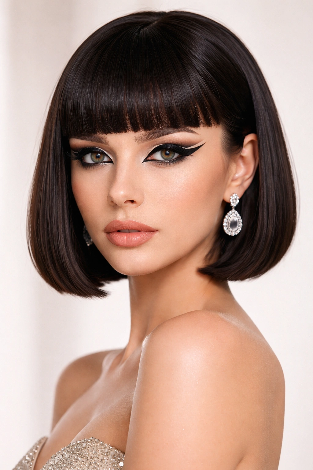 Sleek bob with blunt bangs and graphic eyeliner