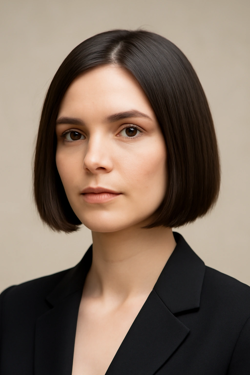 12 Polished Short Hairstyles for Women’s Job Interviews 3 Portrait of a sleek chin-length blunt bob with precise cut