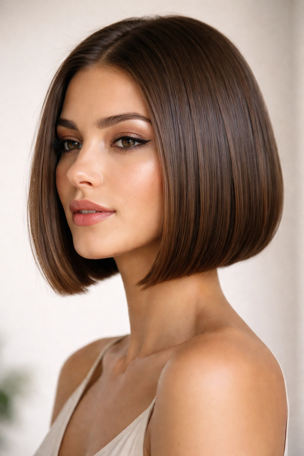 10 Short Hairstyles Built For Hot Summer Weather 2 Close-up of a chic, chin-length sleek bob with blunt cut