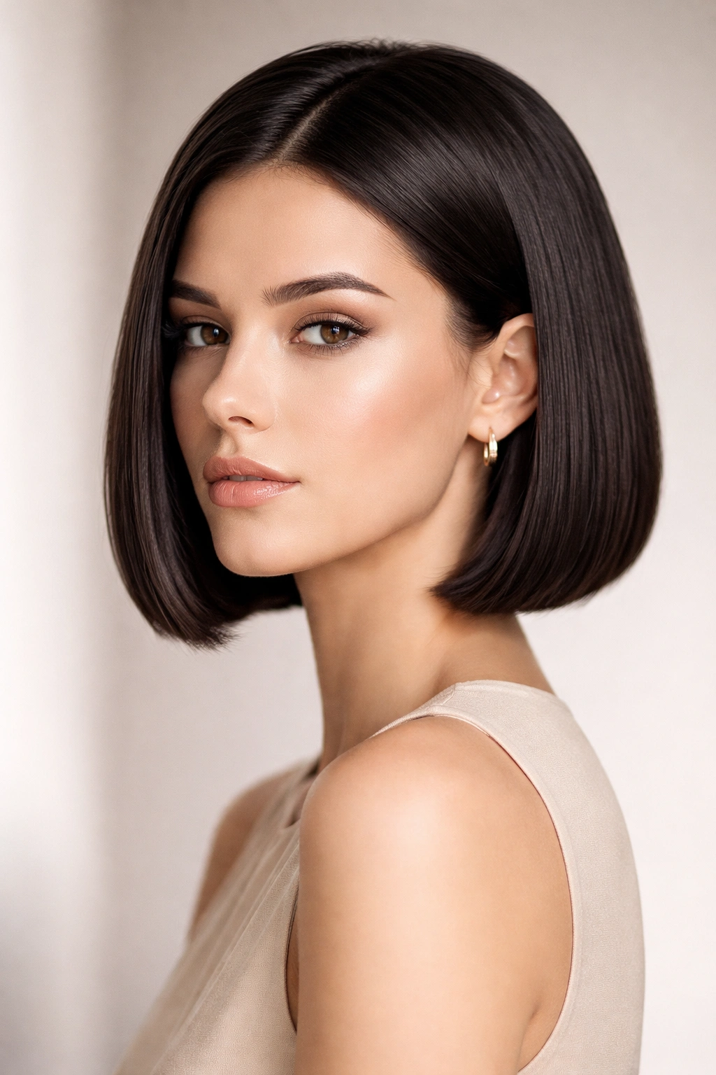 15 Polished Hairstyles That Look Put Together 1 Close-up of a jaw-length blunt bob with a glossy, smooth finish.