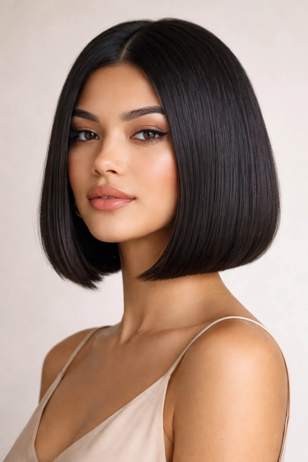 Close-up of a head-and-shoulders portrait featuring a chin-length sleek blunt bob on thick coarse hair